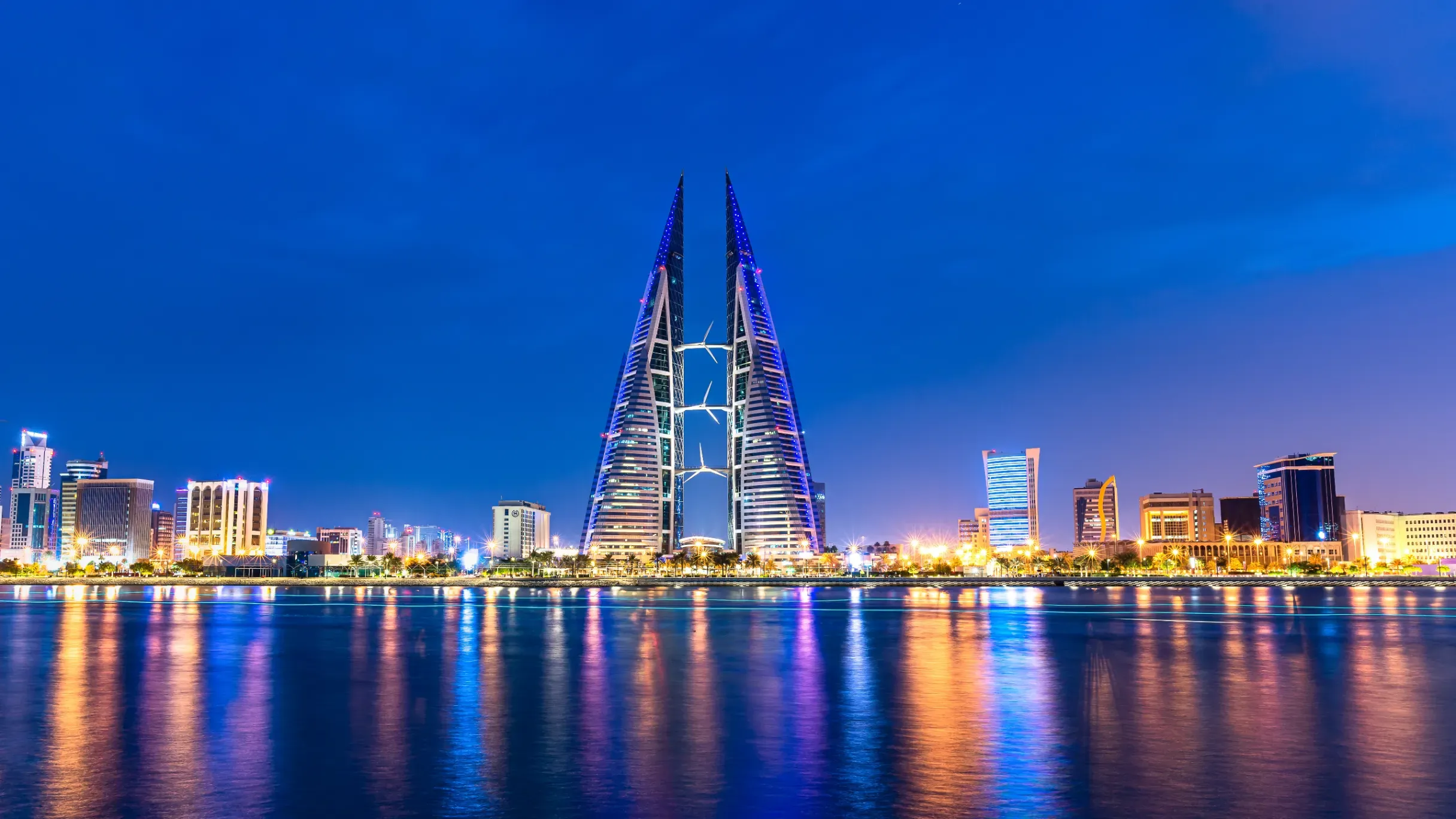Sustainable 240-metre Bahrain World Trade Center (BWTC) twin towers, a landmark in the heart of Manama's financial district.